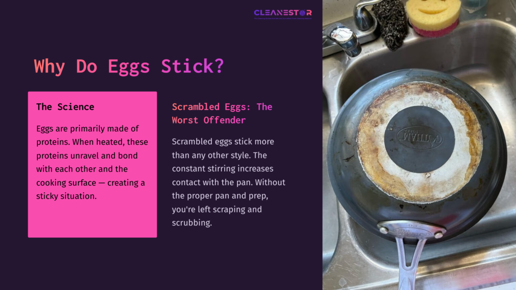 A Stained Frying Pan With Burnt Residue Sits In A Stainless Steel Sink, Accompanied By Text Discussing Why Eggs Stick To Pans.