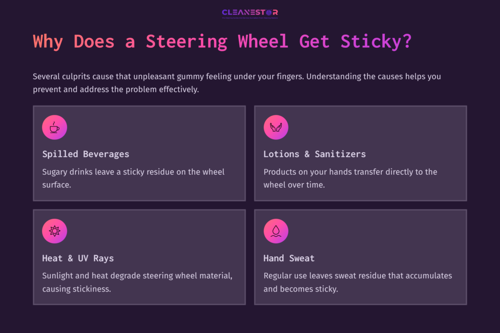 Four Colored Boxes Explain Why Steering Wheels Get Sticky: Spilled Beverages, Lotions &Amp; Sanitizers, Heat &Amp; Uv Rays, And Hand Sweat.