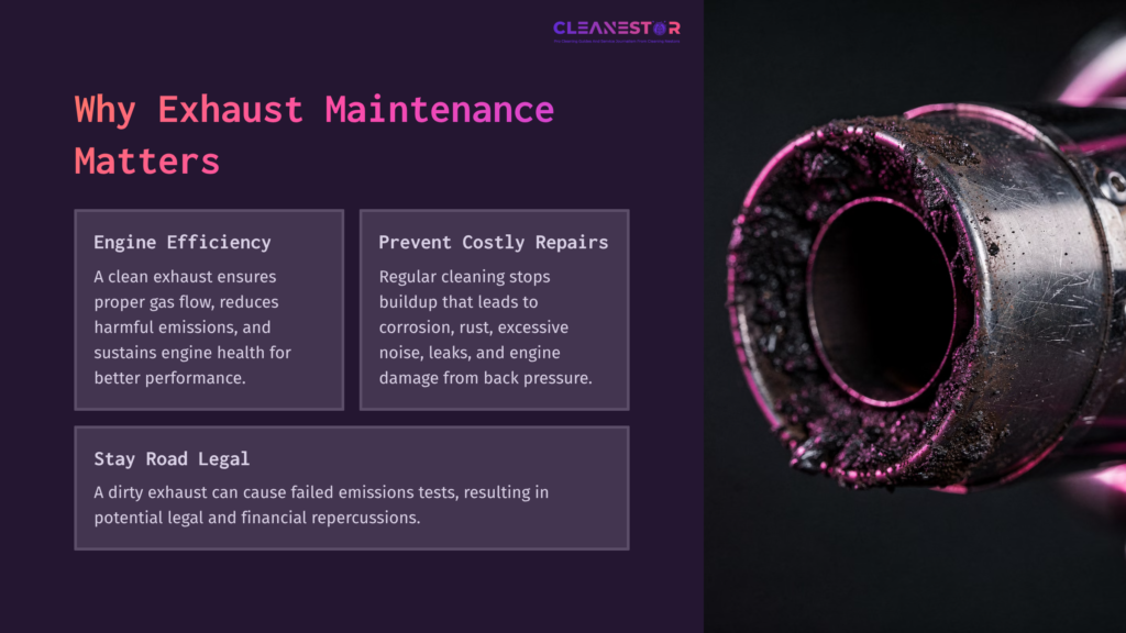 2 Why Exhaust Maintenance Matters Dark Purple Background Featuring A Close-Up Of A Dirty Motorcycle Exhaust Pipe. Text Boxes Highlight Exhaust Maintenance Tips And Benefits.