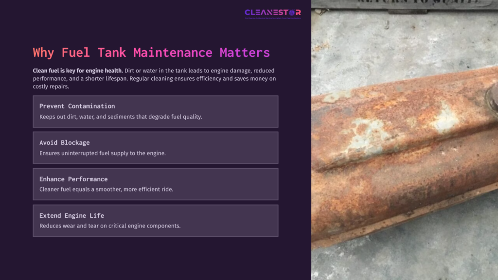 2 Why Fuel Tank Maintenance Matters Rusty Fuel Tank With A Textured Surface, Placed On A Gray Surface, Accompanied By Text Highlighting The Importance Of Fuel Tank Maintenance.