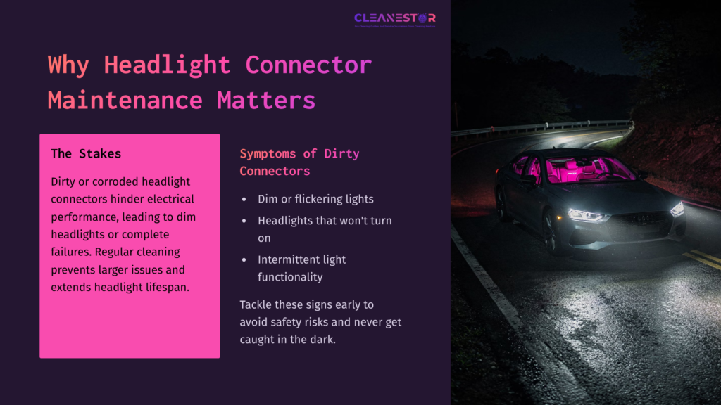 2 Why Headlight Connector Maintenance Matters A Car Parked On A Dark Road With Headlights On, Next To A Purple And Pink Text Box Highlighting Headlight Connector Maintenance Tips.
