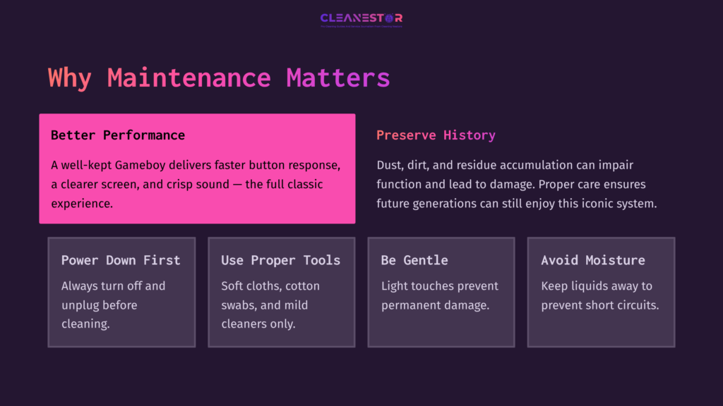 Visual Guide On Gameboy Maintenance: Purple Background With Text Emphasizing Performance, Preservation Tips, And Care Methods.
