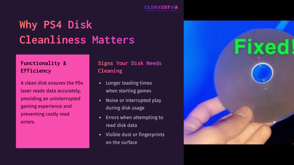 2 Why Ps4 Disk Cleanliness Matters A Person Holding A Shiny Ps4 Disk, With A Blue Background Highlighting Cleanliness Issues And Tips For Maintenance.