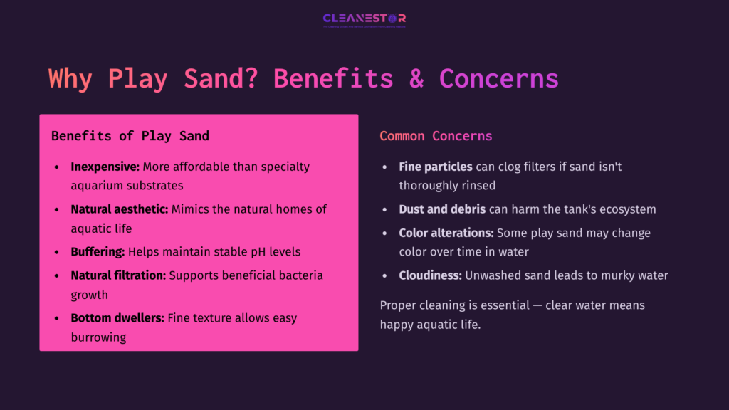 A Vibrant Infographic On Cleaning Play Sand For Aquariums, Featuring Pink And Purple Text Highlighting Benefits And Concerns With Visual Icons.