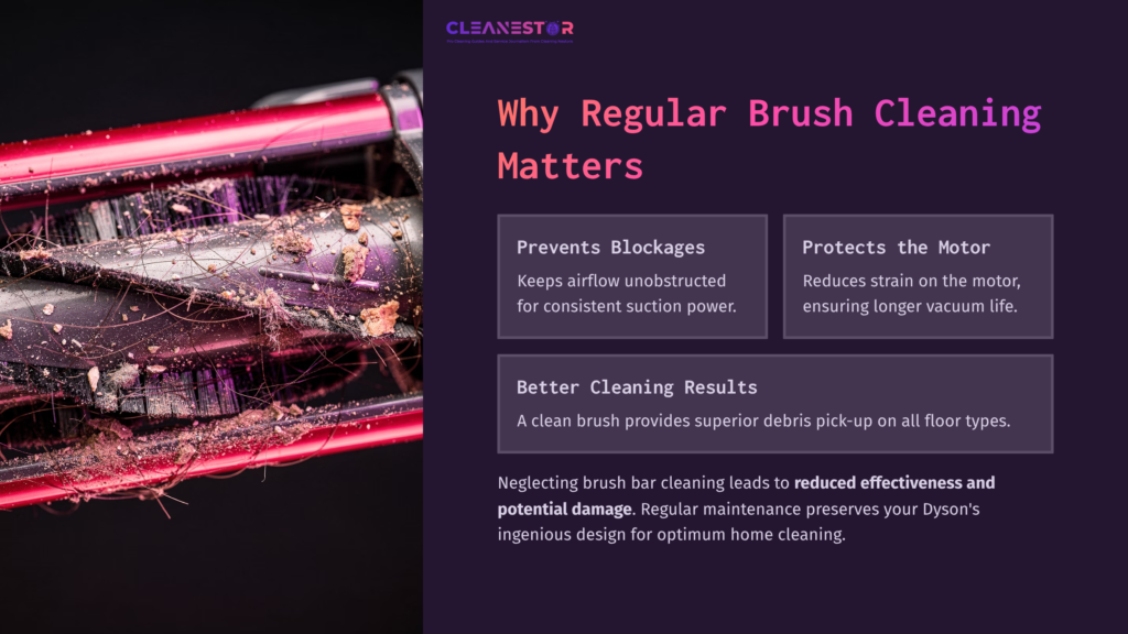 Dyson Vacuum Brush With Hair And Debris Buildup On A Glossy Purple Background, Highlighting The Importance Of Regular Cleaning.