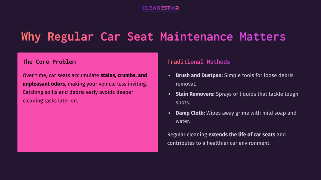 Text On A Pink Background Outlines Car Seat Maintenance Issues And Traditional Cleaning Methods, Using Simple Icons And Bullet Points.