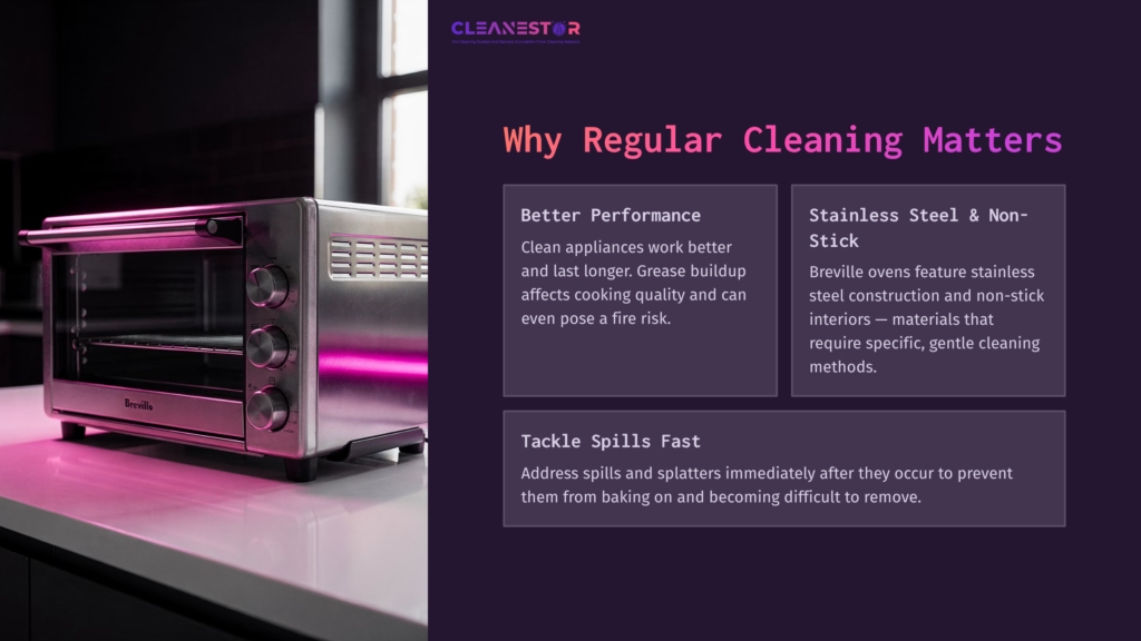 Breville Toaster Oven On A Countertop, With A Dark Background Featuring Text About Cleaning Benefits And Tips In Light Purple And Pink.