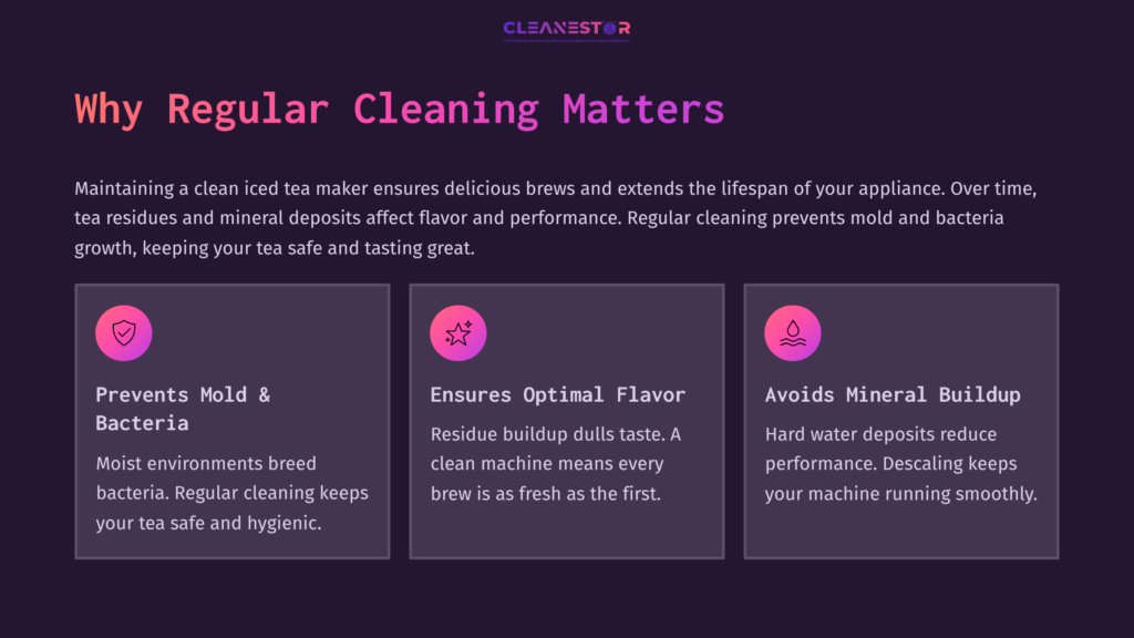 Graphic Detailing The Importance Of Regular Cleaning For Iced Tea Makers, Featuring Icons And Text On A Dark Background.