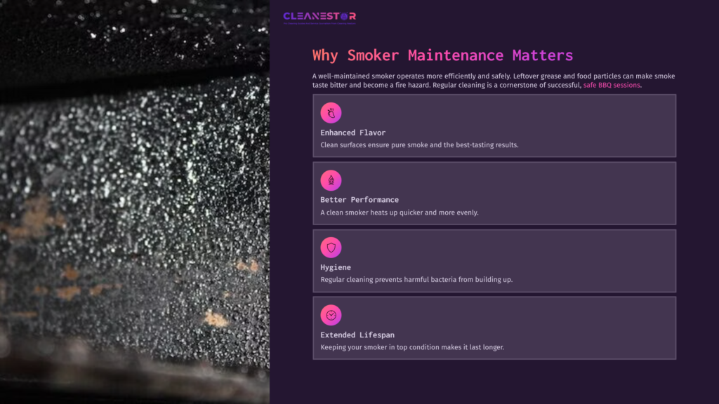 Close-Up Of A Greasy Smoker Surface With Water Droplets, Highlighting Maintenance Tips Like Cleanliness And Performance Benefits.