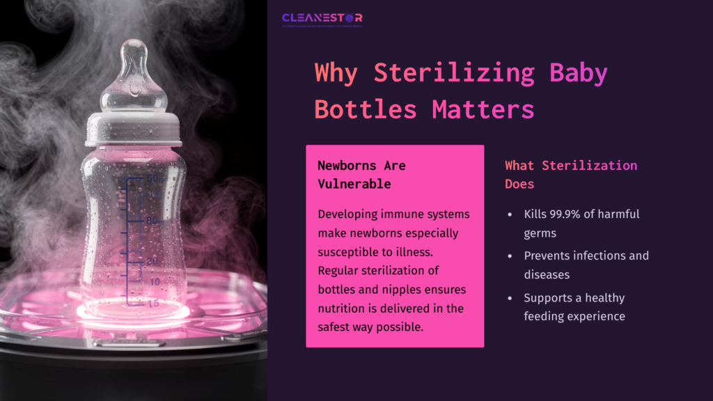 A Sterilizer With A Glowing Pink Base And Steam, Holding A Clear Baby Bottle, Surrounded By Text Emphasizing Sterilization Benefits.