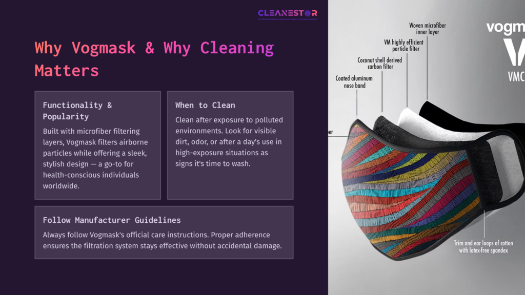Colorful Vogmask With A Striped Design, Accompanied By Sections Detailing Its Functionality, Cleaning Guidelines, And Maintenance Tips.
