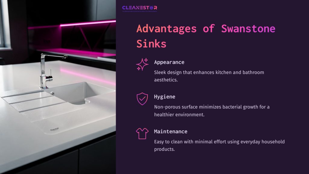 3 Advantages Of Swanstone Sinks A Modern Swanstone Sink In A Stylish Kitchen Setting, Featuring A Sleek Design, Text Highlighting Its Advantages, And Pink Ambient Lighting.