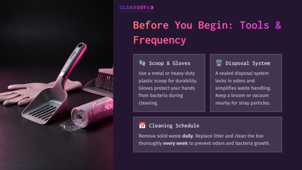 A Plastic Scoop And Gloves Beside A Sealed Disposal System, With A Broom And Vacuum Nearby; Tips On Cleaning Litter Box Tools And Schedule.