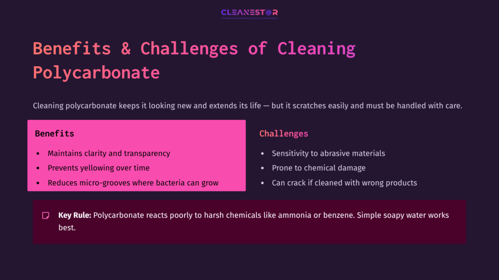 3 Benefits And Challenges Of Cleaning Polycarbonate 1 Text On A Dark Purple Background Discusses Cleaning Polycarbonate, Highlighting Benefits, Challenges, And Care Tips In A Clear Layout.