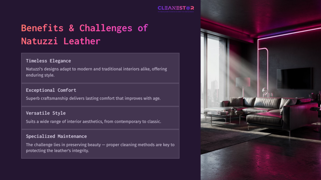 A Stylish Living Room Featuring A Modern Leather Sofa, A Large Window With Pink Lighting, And Text Highlighting Natuzzi Leather Benefits And Challenges.