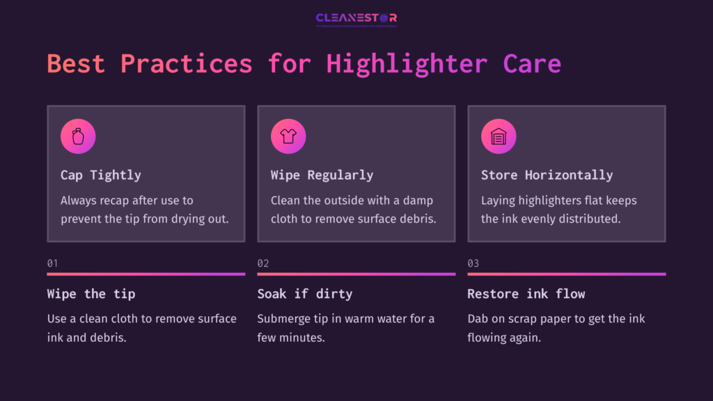 Four Boxed Tips For Highlighter Care, Featuring Icons And Step-By-Step Instructions. Background In Dark Purple, Text In White And Pink.