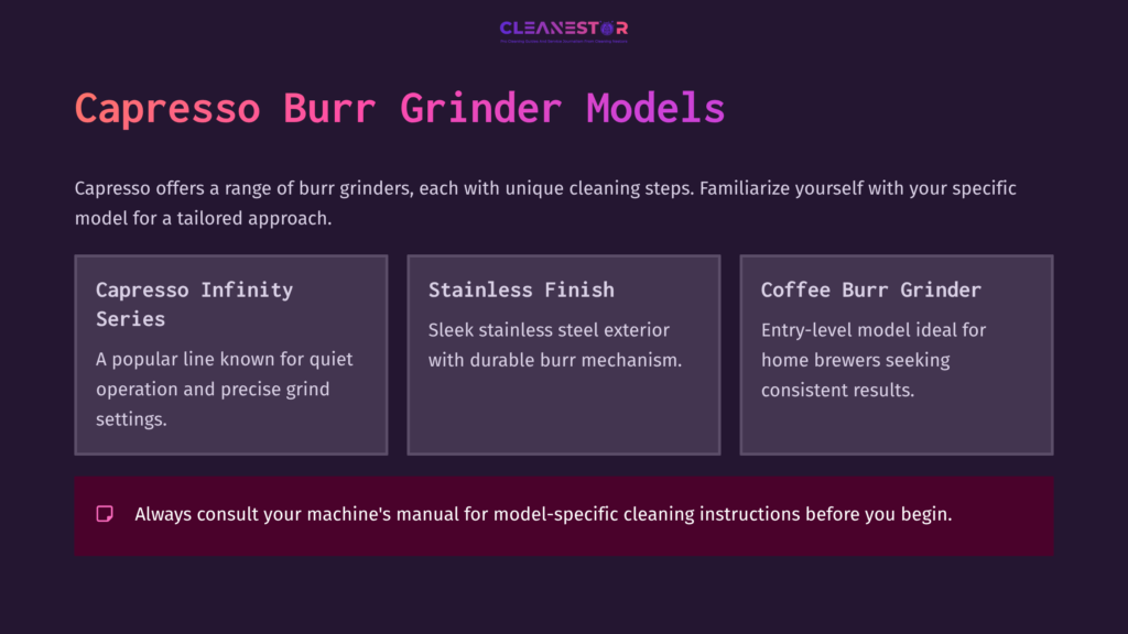 3 Capresso Burr Grinder Models 1 Capresso Burr Grinder Models Overview, Featuring Infinity, Stainless Finish, And Coffee Burr With Descriptions And A Dark Background.