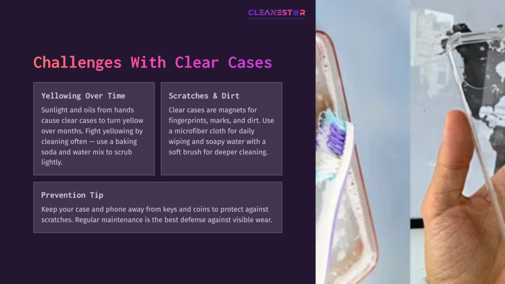 Text On A Page Titled 'Challenges With Clear Cases' Includes Sections On Yellowing, Scratches, Dirt, And A Prevention Tip, Alongside Cleaning Tools.