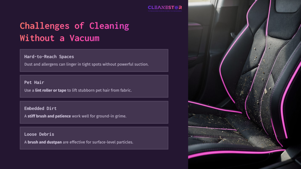 Text On A Dark Background Outlines Challenges Of Cleaning Car Seats Without A Vacuum; Right Shows A Black Seat With Pet Hair And Dirt.