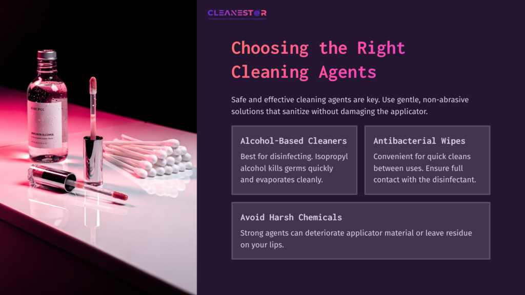 3 Choosing The Right Cleaning Agents A Pink And Purple Graphic Featuring Cleaning Tips For Lip Gloss Applicators, With A Glass Bottle, Cotton Swabs, And Text Boxes Outlining Safe Cleaning Methods.