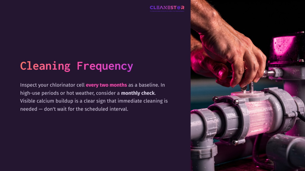 A Close-Up Of A Hand On A Chlorinator Cell, With Pink Lighting Highlighting The Equipment; Text On The Left About Cleaning Frequency.