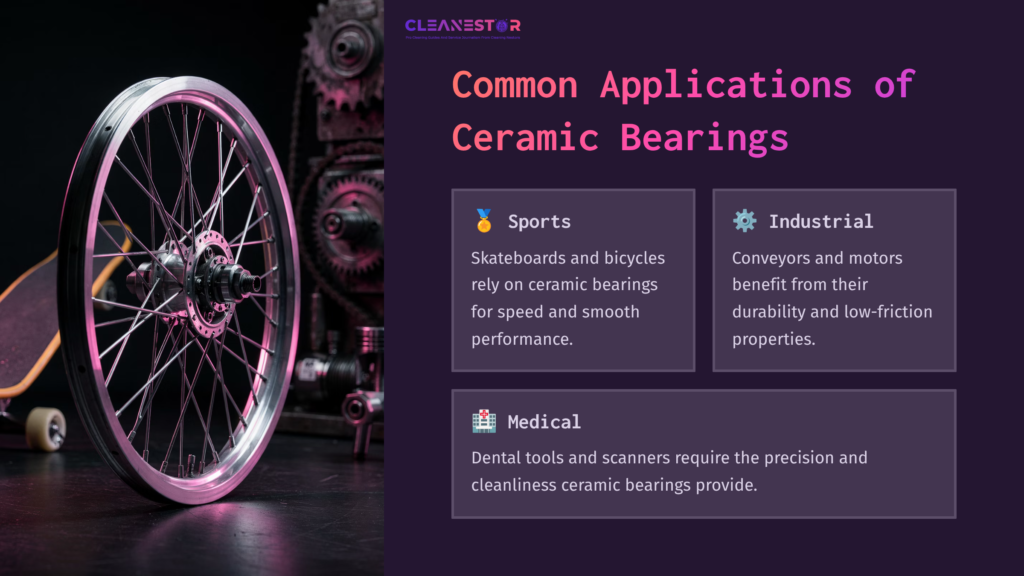 A Bicycle Wheel In The Foreground With A Blurred Background Of Gears, Alongside Text Boxes Highlighting Sports, Industrial, And Medical Uses Of Ceramic Bearings.