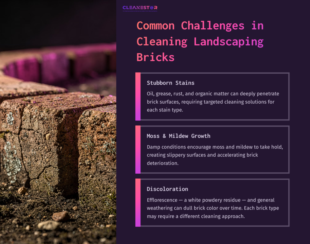 Close-Up Of Weathered Landscaping Bricks With Discoloration, Highlighting Stubborn Stains, Moss Growth, And Efflorescence Issues.