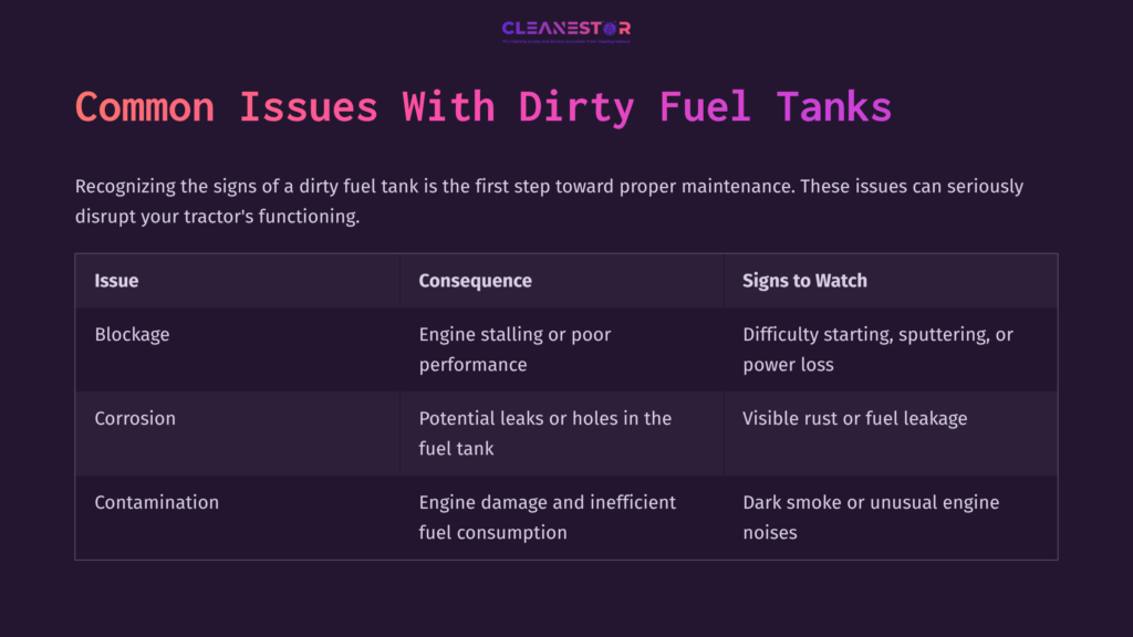 3 Common Issues With Dirty Fuel Tanks Table Outlining Common Issues With Dirty Fuel Tanks, Listing Issues, Consequences, And Signs To Watch For, On A Dark Background.