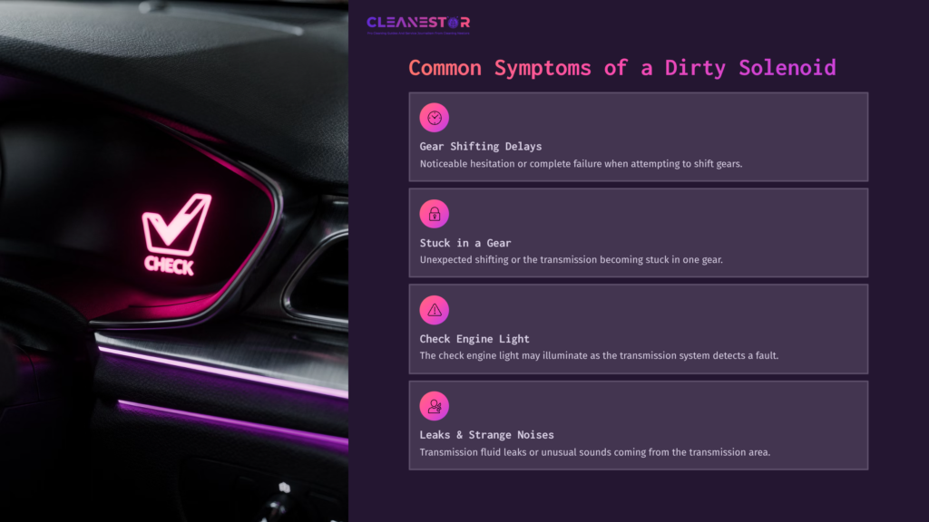 3 Common Symptoms Of A Dirty Solenoid Graphic Featuring A Purple Background With A Car Dashboard Symbol And Text Describing Symptoms Of A Dirty Shift Solenoid.