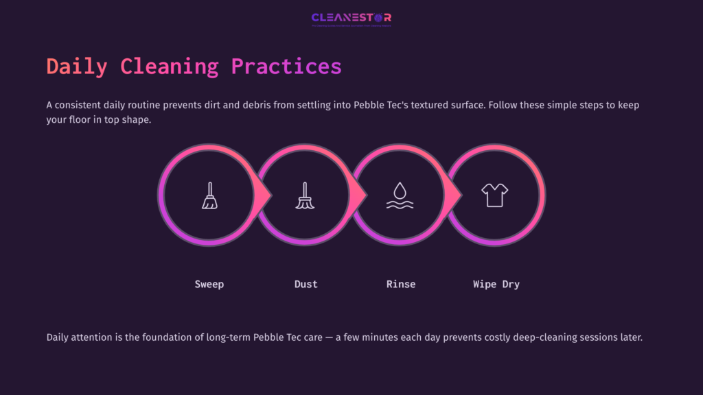 Daily Cleaning Practices For Pebble Tec Floors, Illustrated With Icons For Sweeping, Dusting, Rinsing, And Wiping Dry In A Circular Layout.