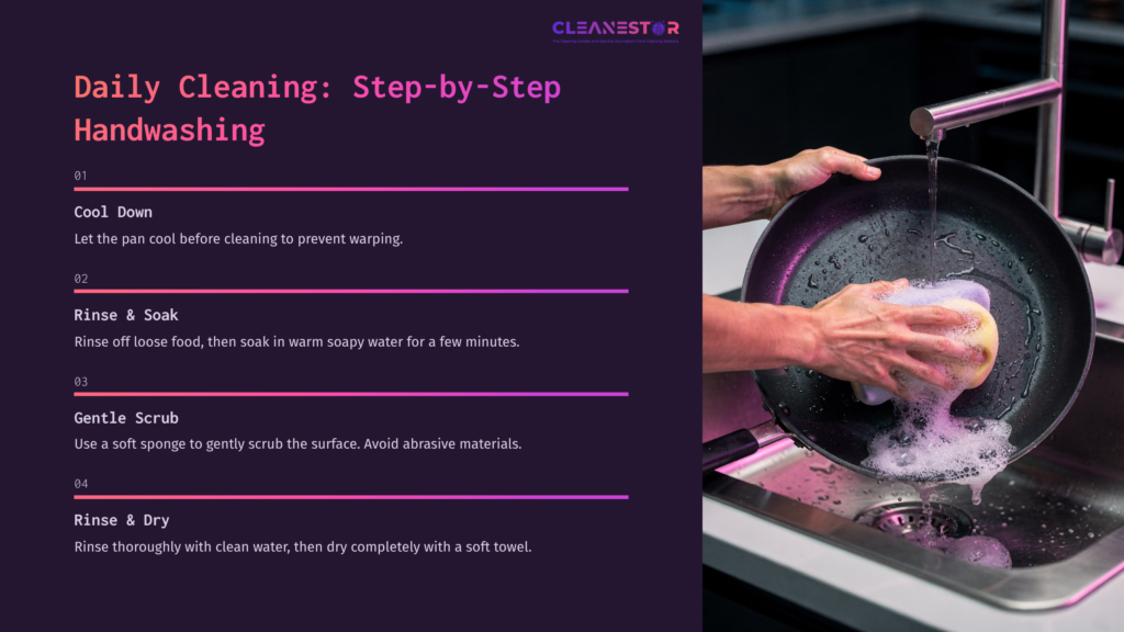 3 Daily Cleaning Step By Step Handwashing A Person Hands Scrubbing A Gotham Steel Pan In A Sink With White Soap Bubbles, Alongside Cleaning Steps Displayed In Vibrant Colors.