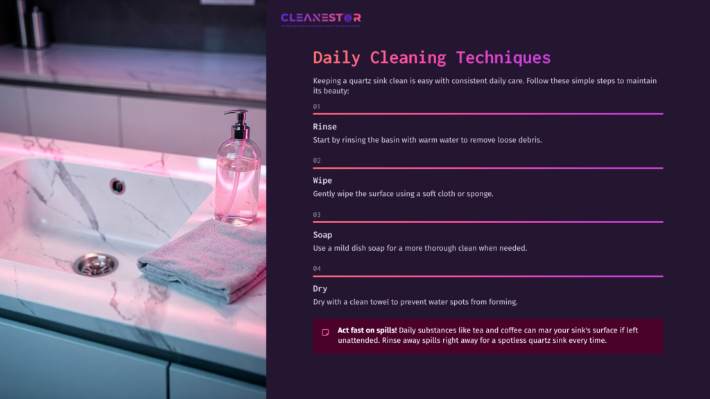 Quartz Sink With A Bottle Of Liquid Soap, Towel, And Water Sprayer; Highlighted Cleaning Steps In Purple Text Against A Dark Background.