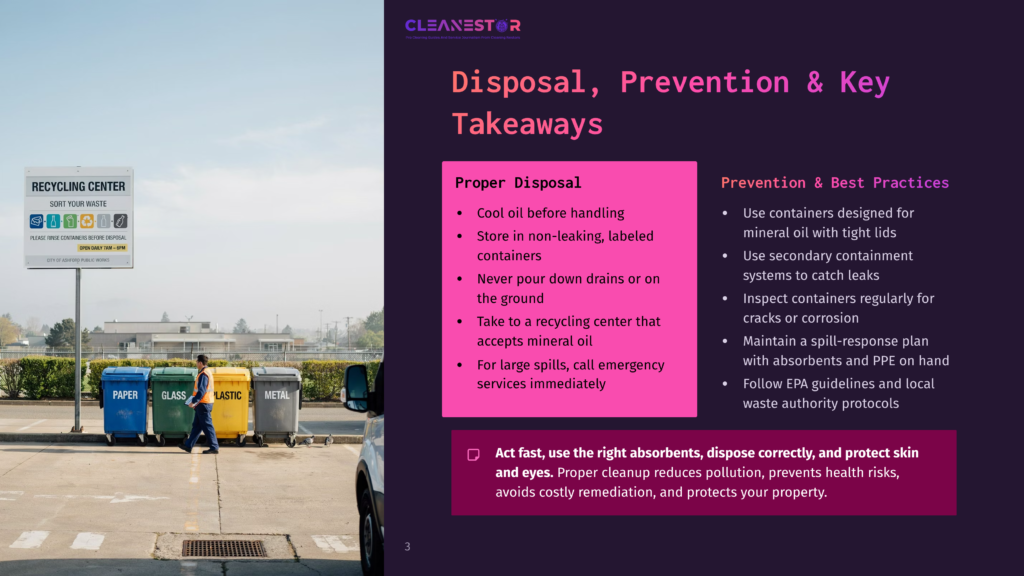 Recycling Center With Bins Labeled Paper, Glass, Plastic, And Metal. A Person In A Yellow Vest Walks Away From The Bins. The Image Also Displays A Presentation Slide About &Quot;Disposal, Prevention &Amp; Key Takeaways&Quot; For Proper Disposal And Prevention Best Practices.