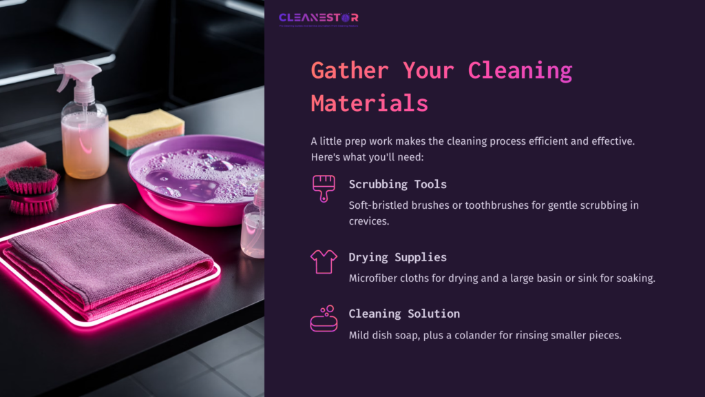Cleaning Materials Setup: Scrubbing Tools, Drying Supplies, And Cleaning Solution On A Dark Countertop With Pink Accents And Soapy Water.
