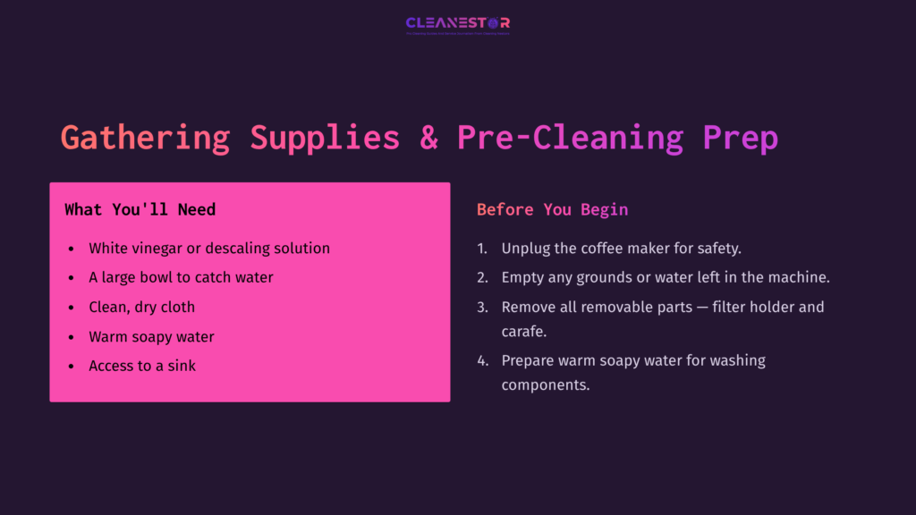 Supplies List For Cleaning A Ninja Coffee Maker, Featuring A Pink Box With Items Needed And Pre-Cleaning Steps On A Dark Background.