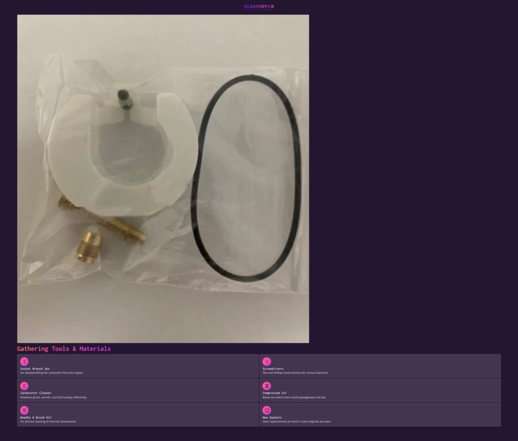 3 Gathering Tools And Materials Carburetor Cleaning Kit Featuring A White Gasket, Brass Fitting, And A Black Rubber O-Ring In A Clear Plastic Bag.