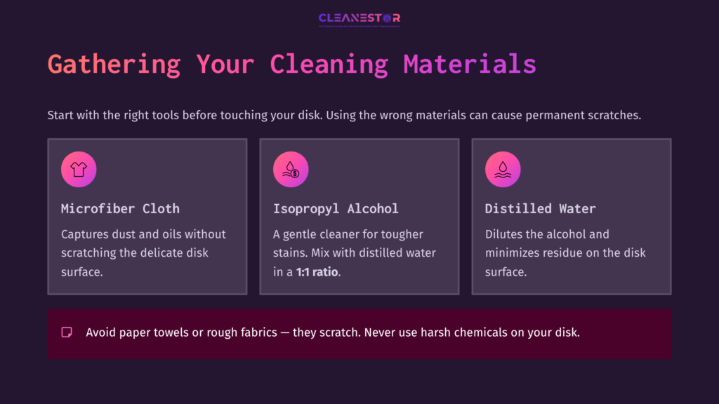 3 Gathering Your Cleaning Materials 1 Three Cleaning Materials Are Displayed: A Microfibre Cloth, Isopropyl Alcohol In A 1:1 Mix With Distilled Water, And Distilled Water. Background Is Dark Purple.