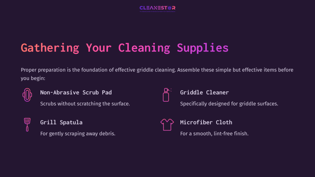 Text On A Dark Background Lists Cleaning Supplies: Non-Abrasive Scrub Pad, Griddle Cleaner, Grill Spatula, Microfiber Cloth.
