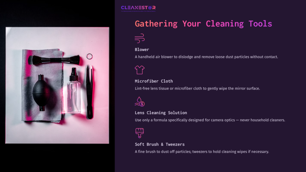 Cleaning Tools Laid Out On A Pink And Purple Background: A Blower, Microfiber Cloth, Lens Cleaning Solution, Soft Brush, And Tweezers.
