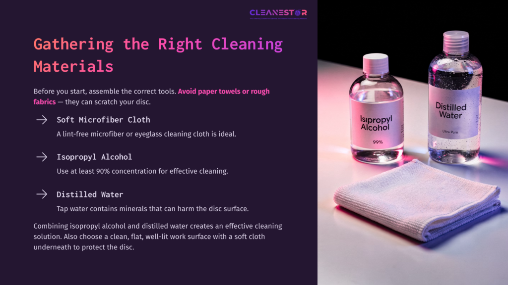 A Clear Bottle Of Isopropyl Alcohol And Distilled Water Sits Beside A Soft Microfiber Cloth On A Flat Surface, With A Dark Background.