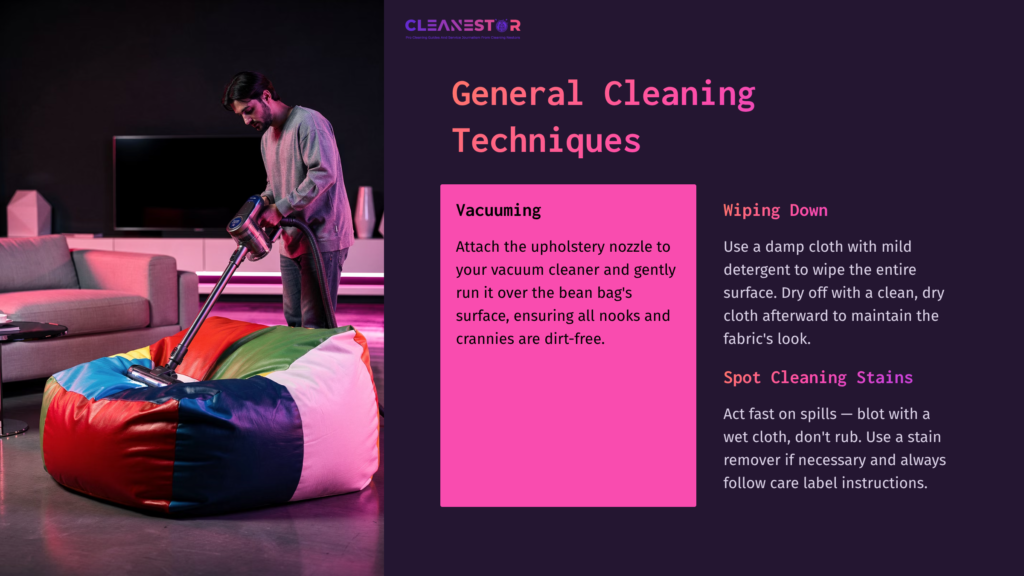 A Person Using A Vacuum Cleaner On A Colorful Bean Bag While Standing In A Well-Lit Room. Text Outlines Cleaning Techniques.
