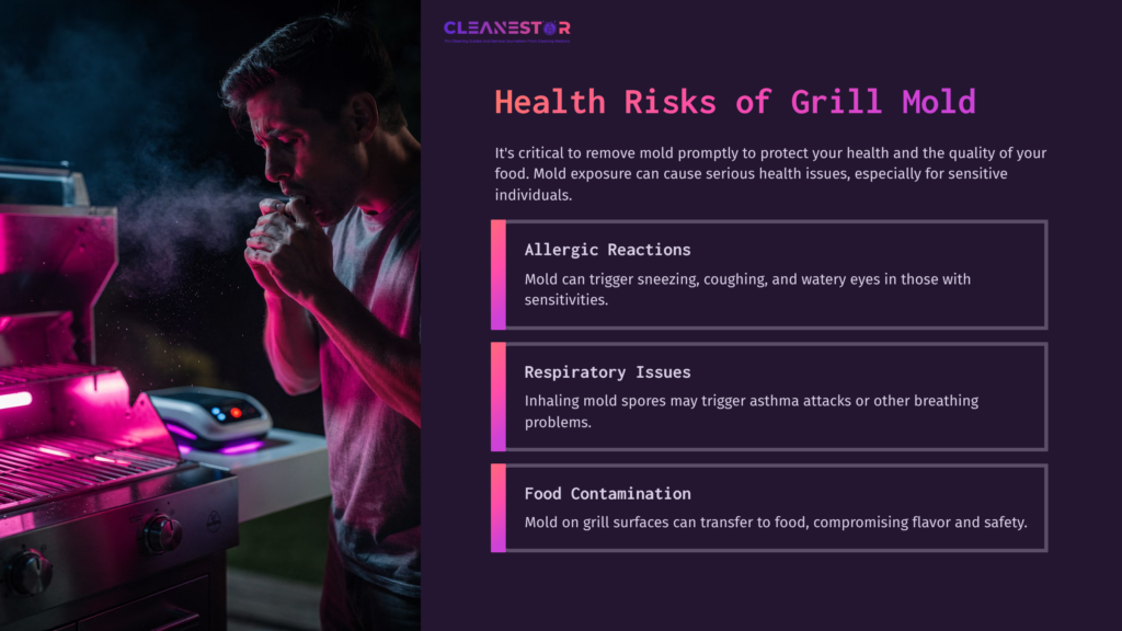 A Person Exhaling Smoke While Standing Near A Grill, With Highlighted Sections Discussing Health Risks Associated With Grill Mold.