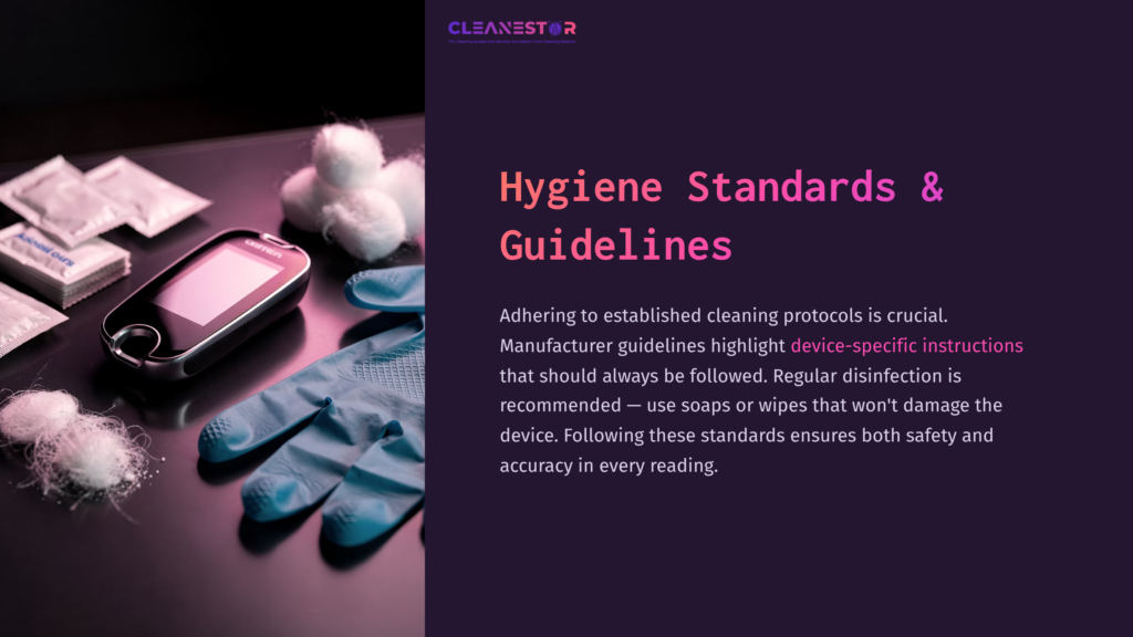 3 Hygiene Standards And Guidelines A Glucometer Rests On A Table Beside Cleaning Supplies, With Blue Gloves And Cotton Swabs, Set Against A Dark Purple Background.