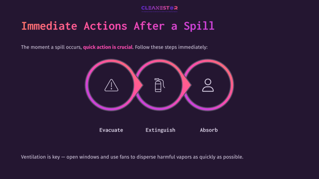 Three Steps For Handling Spills Are Displayed: Evacuate (Warning Icon), Extinguish (Spray Bottle), And Absorb (Person Icon) Against A Dark Background.