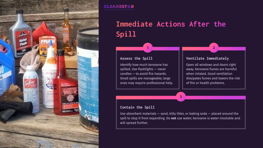 A Wooden Surface Displays Containers Of Kerosene, Cleaning Supplies, And An Instruction Panel With Steps For Handling Spills.
