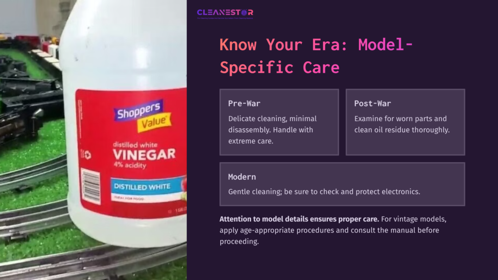 Bottle Of Distilled White Vinegar Beside A Model Train Track, With Text Highlighting Cleaning Tips For Different Train Eras.