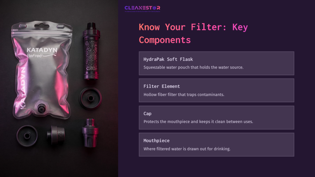 Katadyn Befree Water Filter Components: Hydration Flask, Filter Element, Cap, And Mouthpiece On A Dark Background With Pink Text.