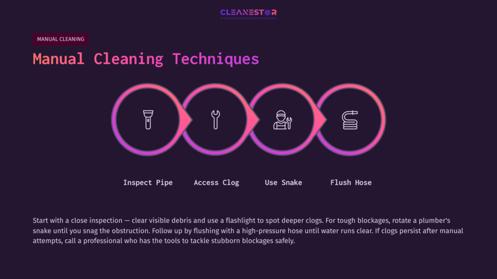 Graphic Illustrating Manual Cleaning Techniques For Corrugated Drain Pipes, Featuring Icons For Inspection, Access, Snake Usage, And Flushing.