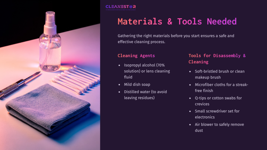 A Cleaning Setup With A Spray Bottle, Cotton Swabs, Microfiber Cloths, And Tools On A Surface, Labeled For Cleaning Binoculars.
