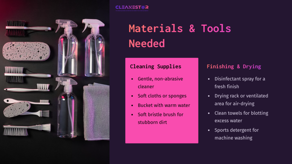 Graphic Depicting Cleaning Supplies For Football Pads, Including Spray Bottles, Brushes, Cloths, And A Towel On A Vibrant Pink And Purple Background.